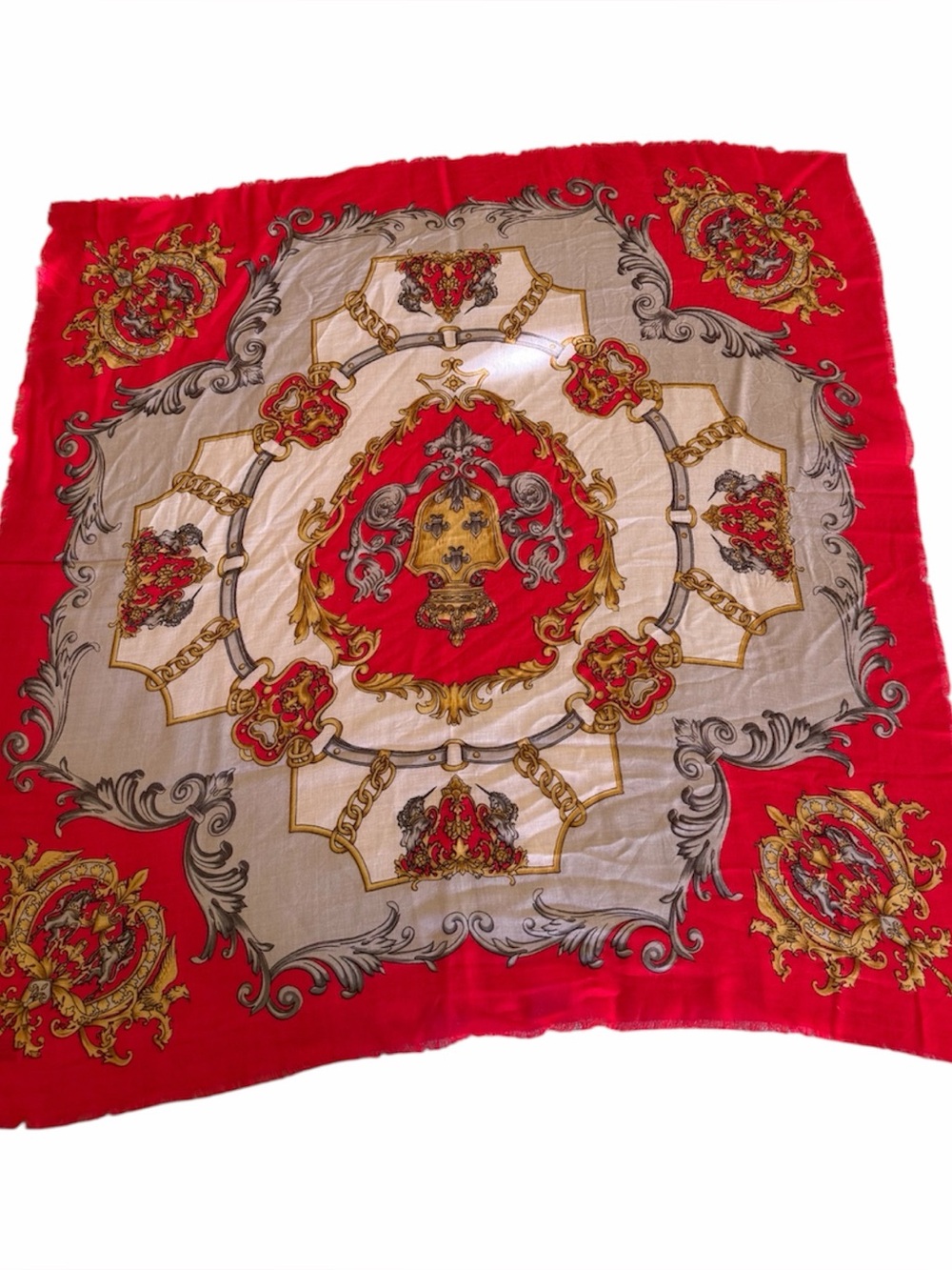 Vintage Baroque Chain Print Scarf in Red and Cream Made in Japan 29”